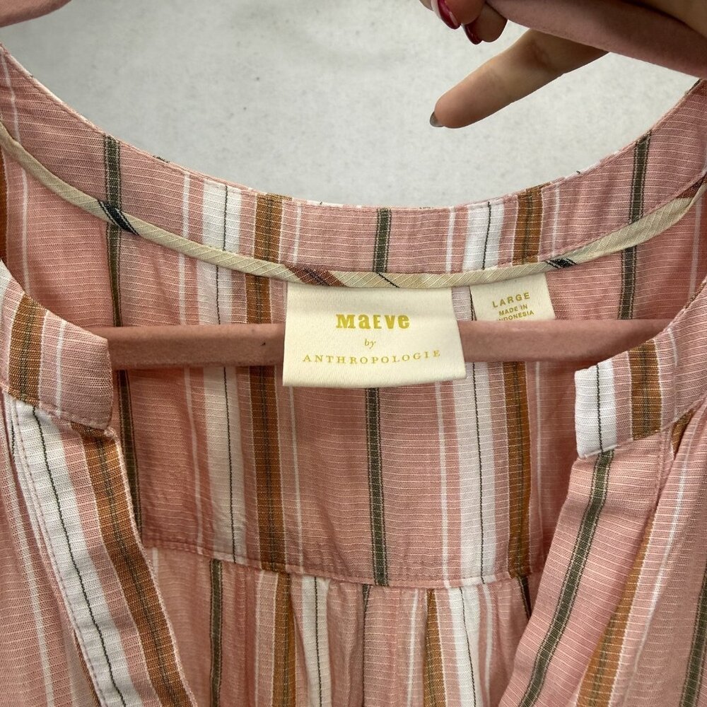 Maeve Blouse Womens Large Pink Stripe V Neck 3/4 Balloon Sleeve Tunic Top Boho - Picture 2 of 11